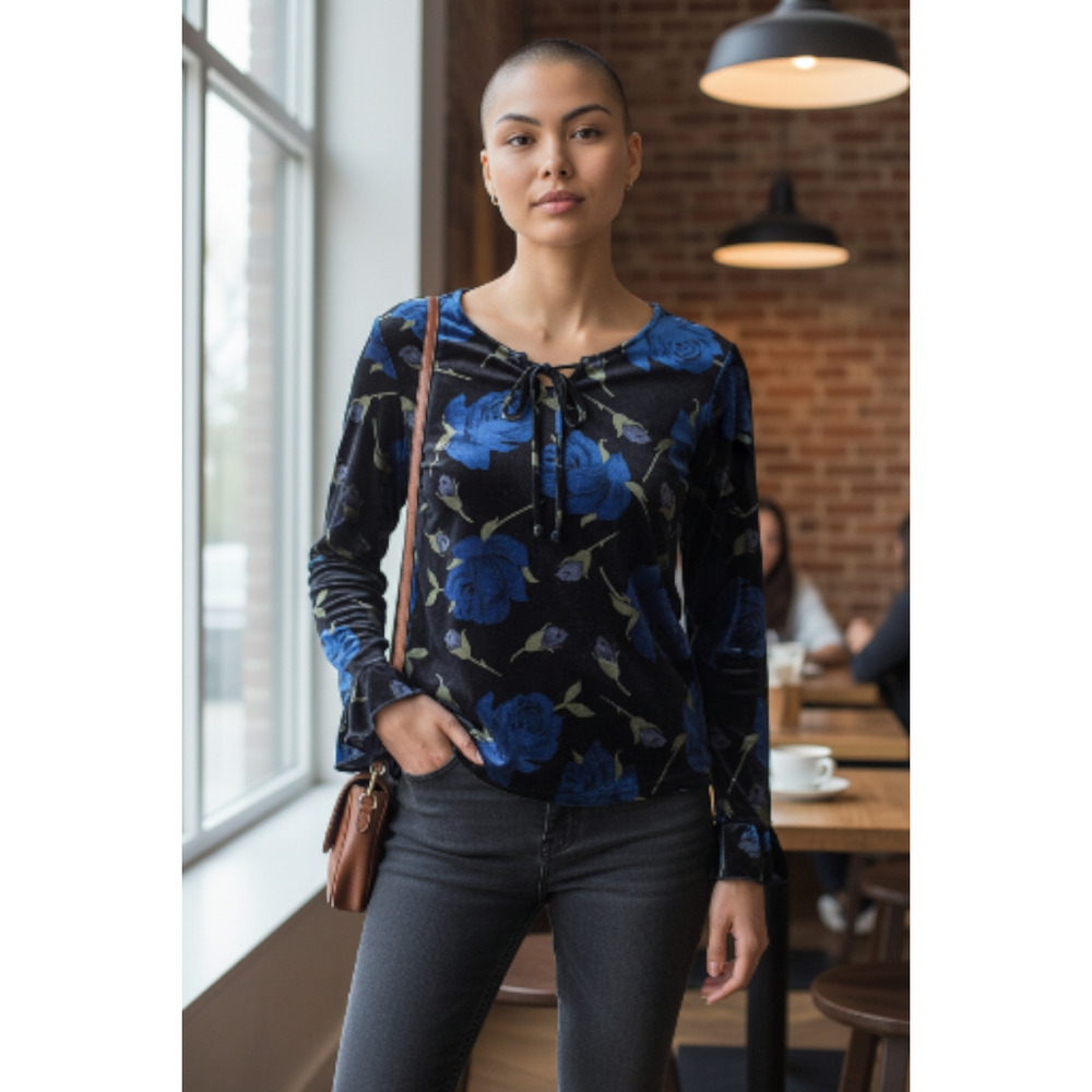 Notations Clothing Co. Flowered Velvet Long Sleeve Top Sz L